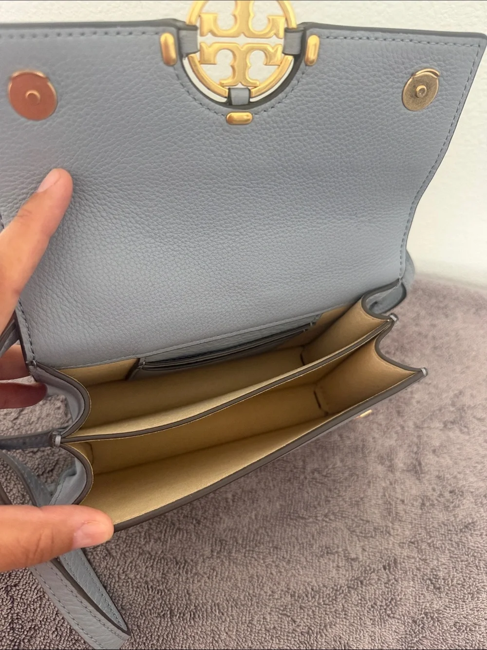 ✨Tory Burch ✨Gray Fleming Mini Crossbody with Gold Hardware in grey blue